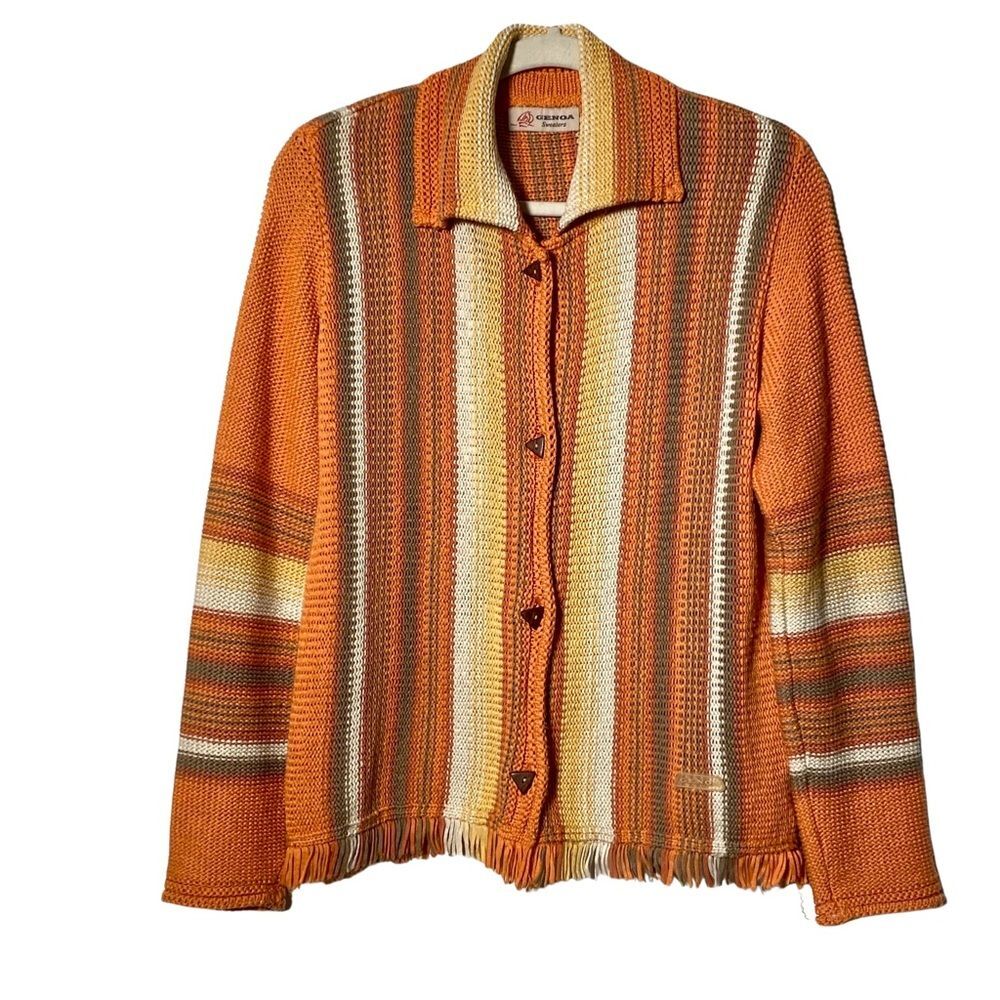 Vintage Genoa Orange Stripe Fringe Collared Cardigan Sweater M